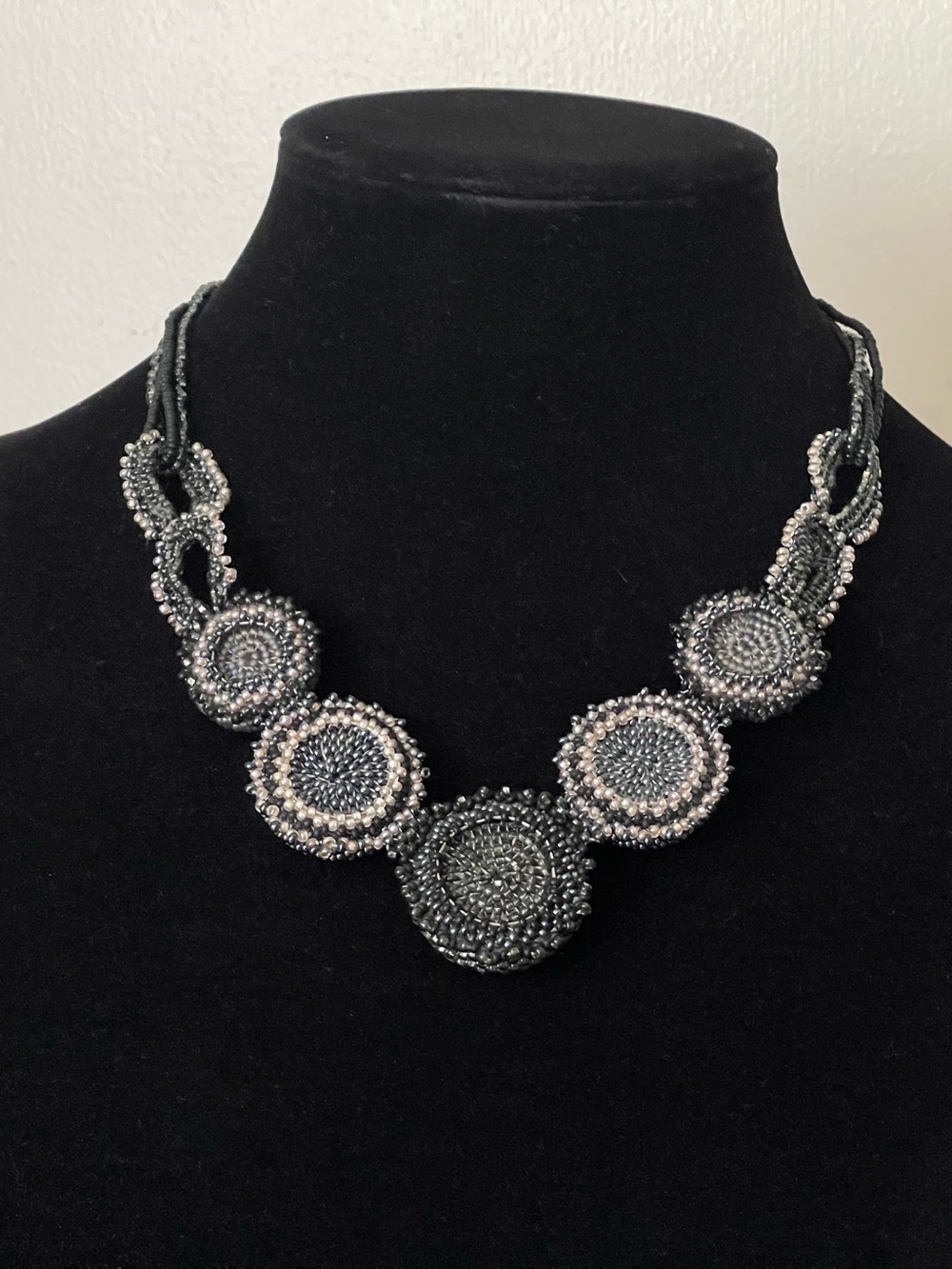 Black and Silver Beaded Circle Necklace — Elegant Statement